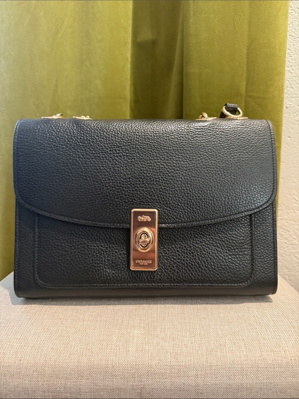 Coach Lane Black Pebbled Leather Shoulder Bag with Gold Turnlock